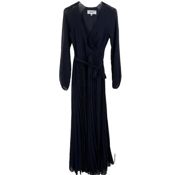 Badgley Mischka Collection Long Sleeve Pleated Wrap Gown Maxi Dress Midnight 4 - Picture 2 of 11